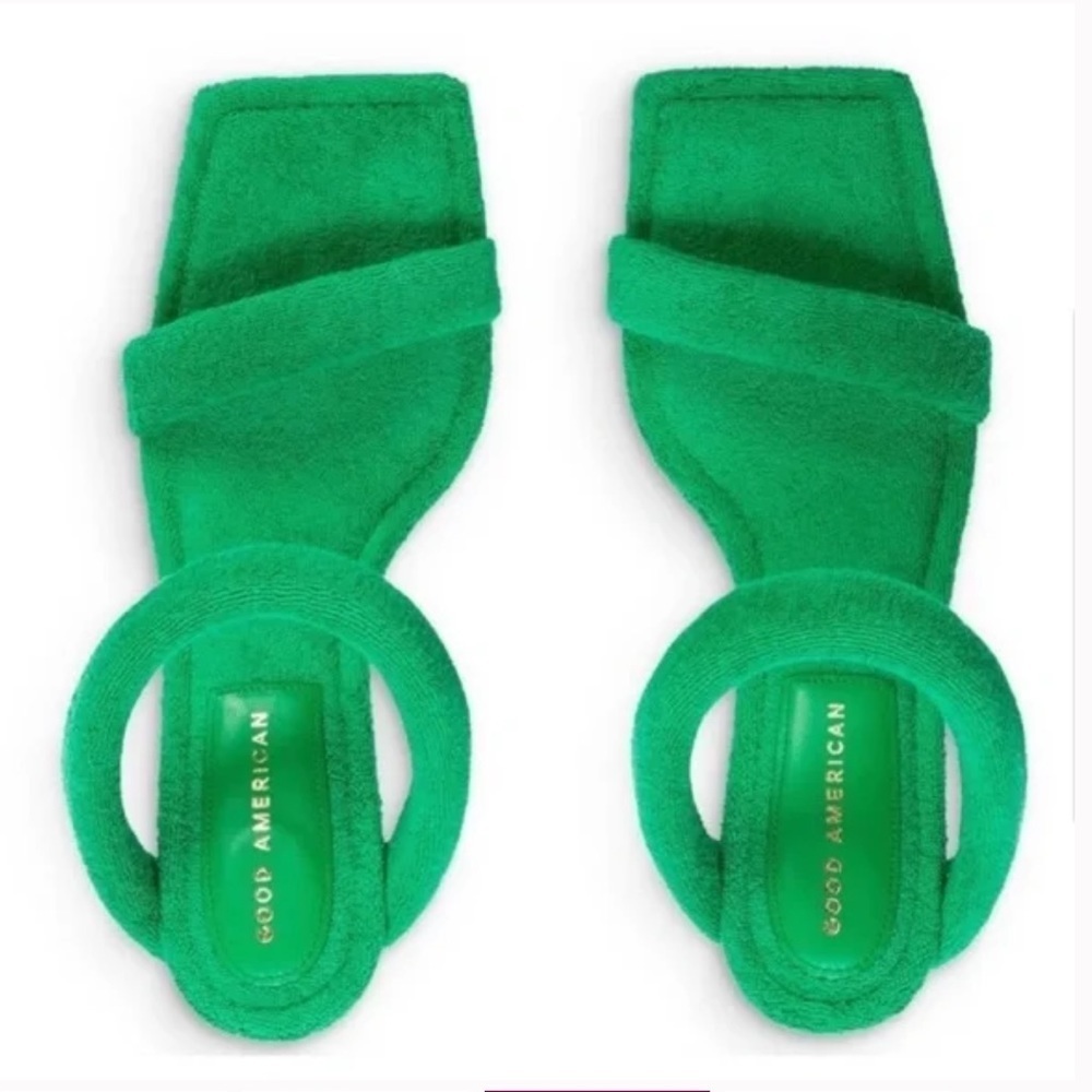 NEW Good American Women's Terry Slip On Green & Gold High Heel Sandals Size 8.5 - Picture 2 of 4